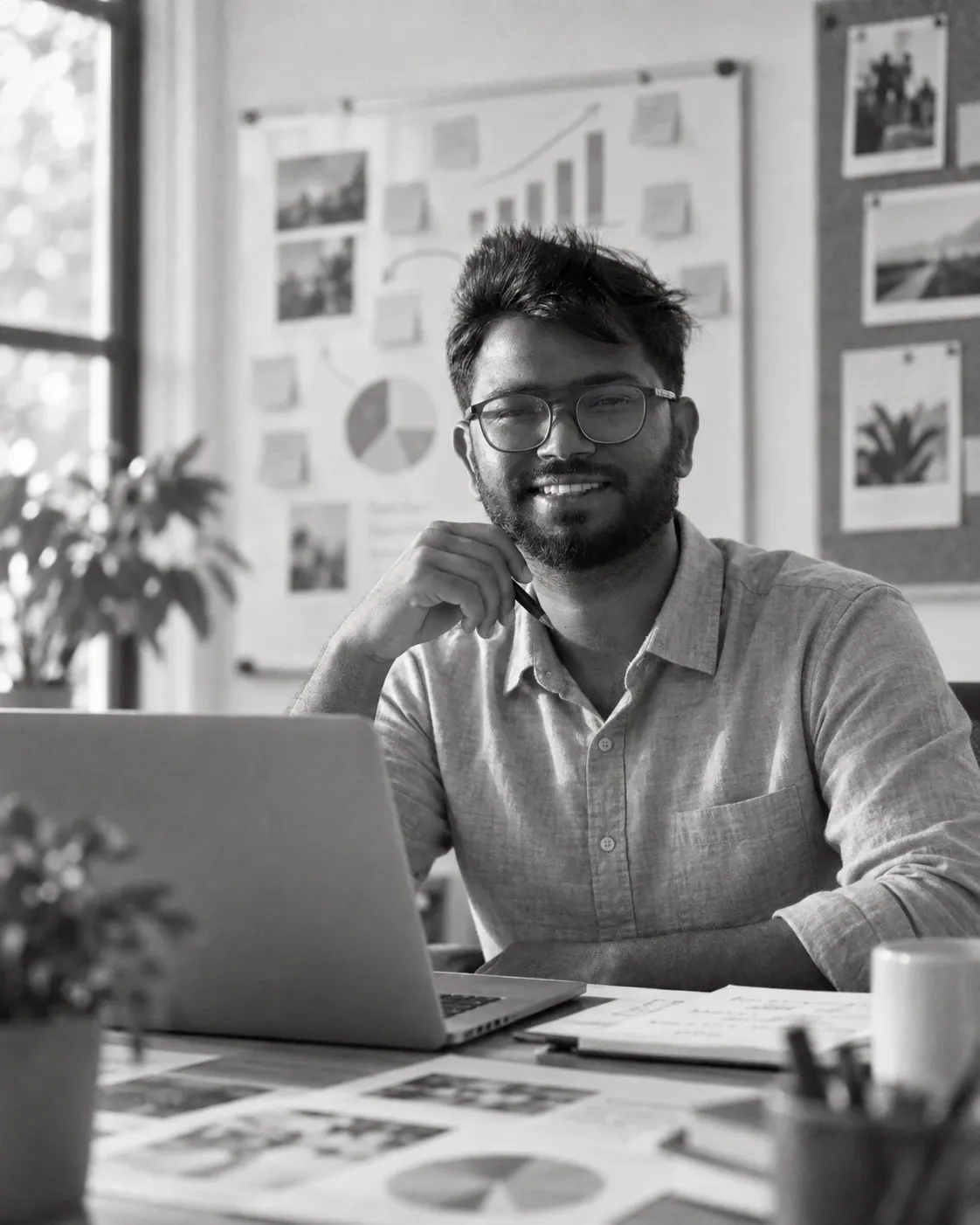 Nazir Himel smiling at his desk with a laptop